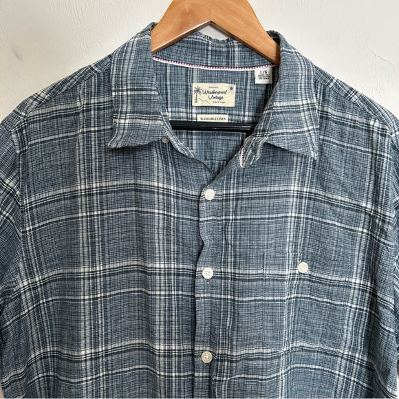 Weatherproof Linen Shirt Navy Plaid Button-Down Shirt Size Large Washable. - Picture 2 of 6